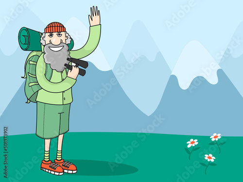 Traveler in the mountains. A man with a backpack and binoculars in shorts stands in nature and waves.
