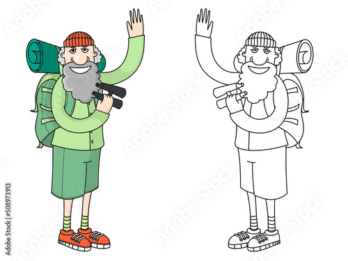Traveler with a backpack in shorts. Vector character backpacker smiles and waves.