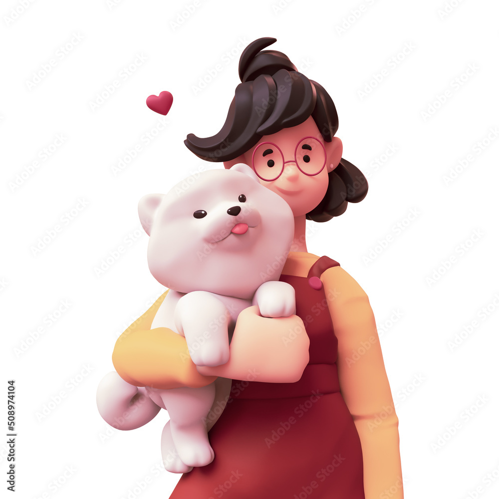 Fototapeta premium Portrait of cute smiling brunette girl in red glasses wearing brown overalls, yellow t-shirt holding large fluffy white playful puppy under her arm. Animal lover. 3d render isolated on white backdrop.