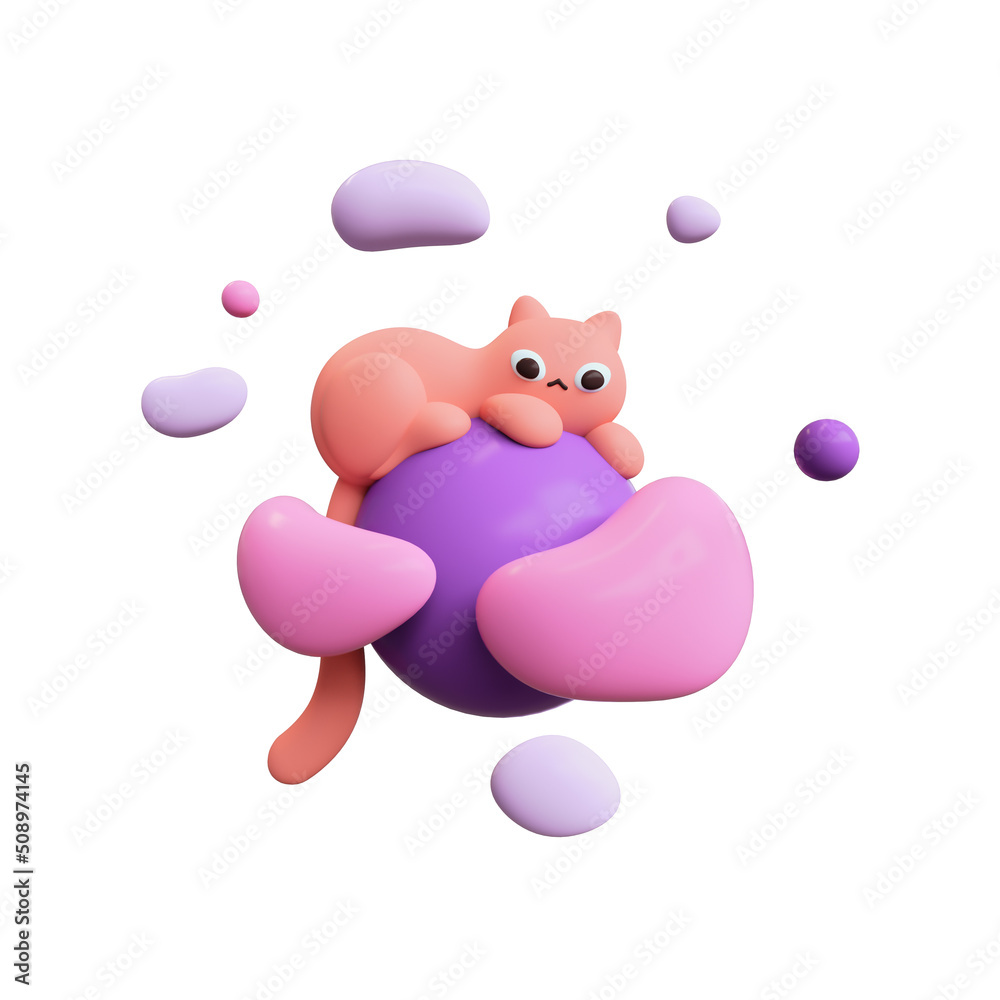Fluffy red cartoon cat sleeps lying on purple planet floating in air with  blue pink clouds,