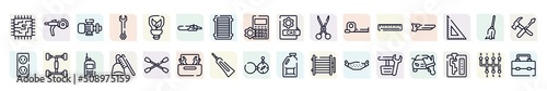 engineering outline icons set. thin line icons such as motherboard lines, pump, sharp chainsaw, shears, carpenter saw, chassis, dustpan and brush, caulk, pedals icon.