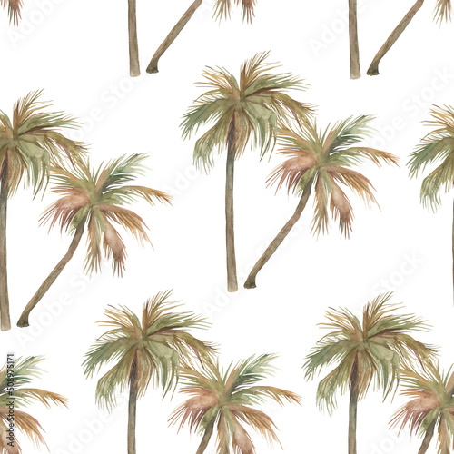 Watercolor jungle seamless pattern. Tropical paradise  palm tree. Hand drawn illustration