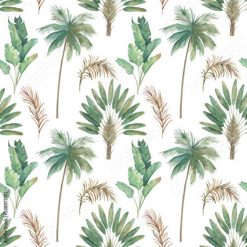 Watercolor jungle seamless pattern. Tropical paradise, palm tree. Hand drawn illustration