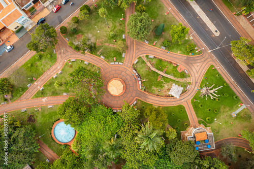 Cravinhos, São Paulo, Brazil - Circa May 2022: Praça Manoel Arantes Nogueira Cravinhos, located in downtown Cravinhos, state of São Paulo. drone aerial image photo