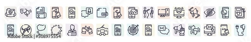 electronic device outline icons set. thin line icons such as rotate camera, wanted, followers, interviewer, traction, no drone zone, shout, console, strenght icon.