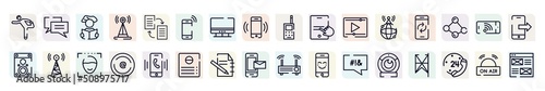 responsive design outline icons set. thin line icons such as stretching, reader, mobilephone, finger touching tablet screen, smartphone with reload arrows, wifi, arroba, paper note, web camera,