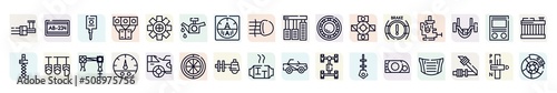 car parts outline icons set. thin line icons such as car distributor, car ignition, oil pump, bearing, choke, pedal, fuel gauge, sump, headlight icon.