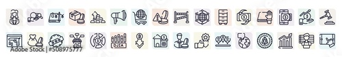 seo and business outline icons set. thin line icons such as businesswoman, law book, bullhorn, free trade, oath, capital, product range, decline, breaking icon.