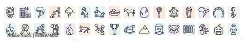 halloween outline icons set. thin line icons such as mummy, jockey hat, wild horse, egg with a crack, coffin, null, flower pot, null, panda face icon.