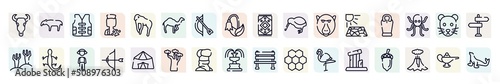 zoo outline icons set. thin line icons such as bull skull, vest, dromedary, kiwi, sarcophagus, lizard, archery, turban, relics icon.