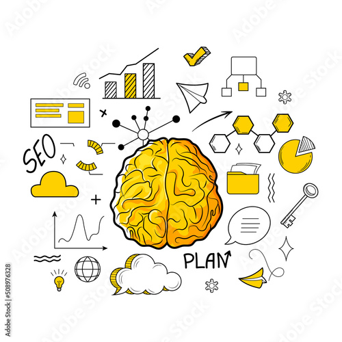 New idea, success business, startup concept. Brain with line icons of diagram, chart, marketing infographic, strategy plan. Start up technology concept. Vector illustration, line art, sketch