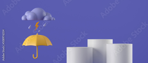 Podium 3d cartoon rain season yellow umbrella and clouds with rain on blue dark background. concept for banner, cover, brochure. 3d rendering illustration