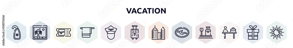 vacation outline icons set. thin line icons such as hang, vacation images, boarding card, bath towel, pilot of airplane, bag for travel, modern hotel, nursing room, check in desk icon. vacation outline icons set. thin line icons such as hang, vacation images, boarding card, bath towel, pilot of airplane, bag for travel, modern hotel, nursing room, check in desk icon.