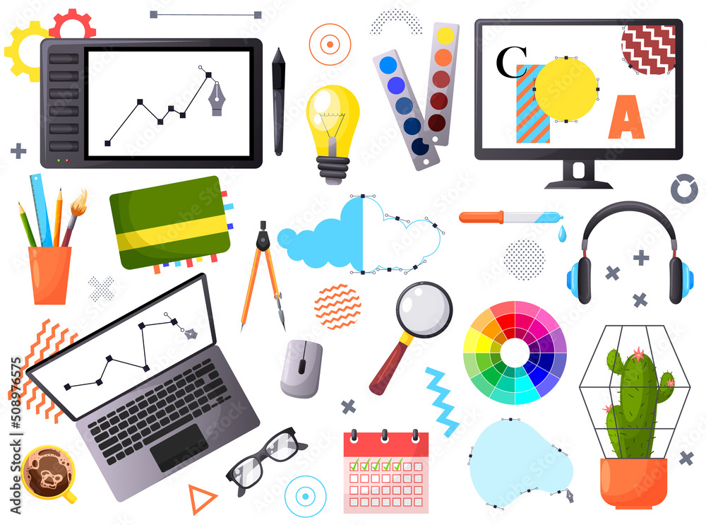 Set of graphic design elements for workspace. Collection of architect designer tools, objects, icons. Set instruments for creative drawing idea. New art business concept. Flat vector illustration