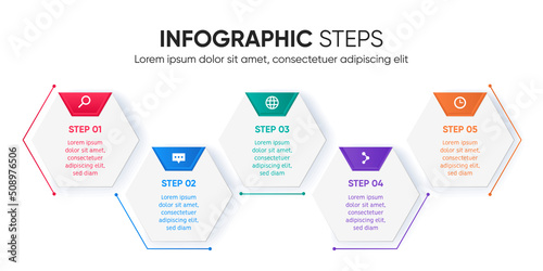 infographic steps hexagon future design. 5 steps with colorful options. Modern infographic with shadow. Editable vector design.