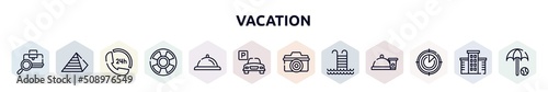 vacation outline icons set. thin line icons such as baggage verification, null, 24 hours phone attention service, life bouy, bell reception, parking hotel, digital camera, swimming pool ladder,