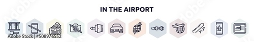 in the airport outline icons set. thin line icons such as three lockers with key, no mobile phones allowed, pair of cinema tickets, no photography, exit, front car, international location, fasten