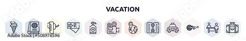 vacation outline icons set. thin line icons such as icecream cone, geography text book, breathalyzer, airplane tickets, sanitizer, camera recorder, position, wine menu, travelling around the world,