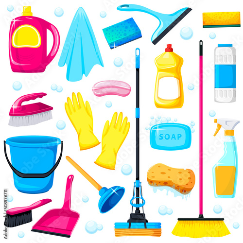 Isolated cleaning, washing equipment, tool, instrument set. Chemistry detergent, brush, gloves, mop, sponge, bucket, wiper, rag, soap, plunger, spray. Clean up house collection. Vector illustration