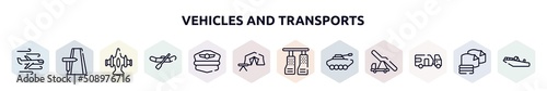 vehicles and transports outline icons set. thin line icons such as turbulence, road trip, army airplane bottom view, watercraft, pilot hat, campsite, car pedals, armored vehicle, touristic