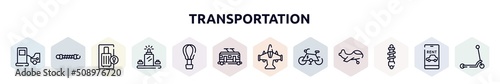 transportation outline icons set. thin line icons such as refilling, damper, luggage locker, luggage scan, hot air, trolley car, military airplane bottom view, electric bike, shock absorber