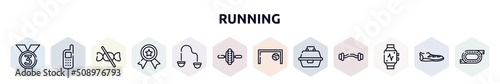 running outline icons set. thin line icons such as third place, variometer, no sweets, first prize, resistance band, electric unicycle, football goal, tackle box, pulsometer icon. photo