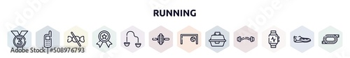 running outline icons set. thin line icons such as third place, variometer, no sweets, first prize, resistance band, electric unicycle, football goal, tackle box, pulsometer icon.