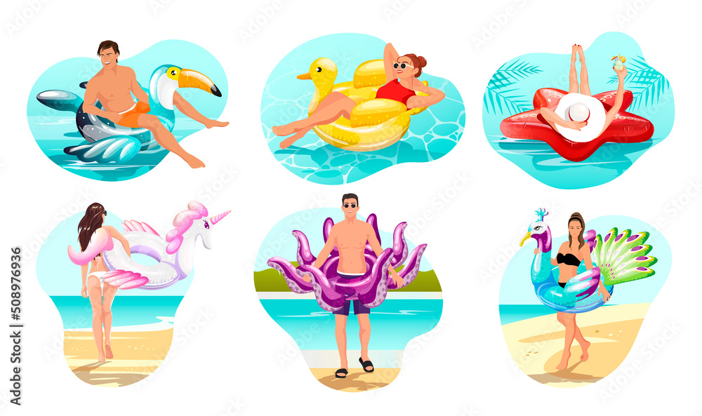 Set images of young people, men, women with inflatable swimming circles. Man, woman with inflatable circle, ring, float in form of animal, bird for swimming in water pool, sea. Vector illustration Set images of young people, men, women with inflatable swimming circles. Man, woman with inflatable circle, ring, float in form of animal, bird for swimming in water pool, sea. Vector illustration