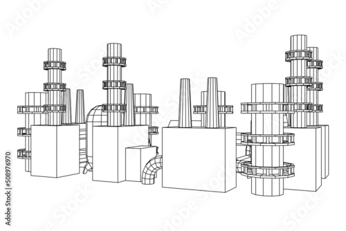 Industrial building factorie facilitie power plant. Wireframe low poly mesh