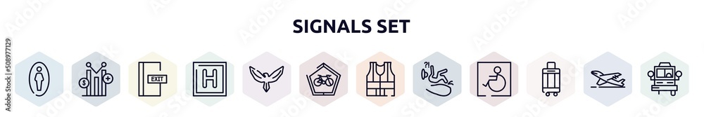 signals set outline icons set. thin line icons such as men toilet, yield, emergency door, round hotel, hawk, ecological bicycle transport, high visibility vest, slip, hand luggage icon. signals set outline icons set. thin line icons such as men toilet, yield, emergency door, round hotel, hawk, ecological bicycle transport, high visibility vest, slip, hand luggage icon.