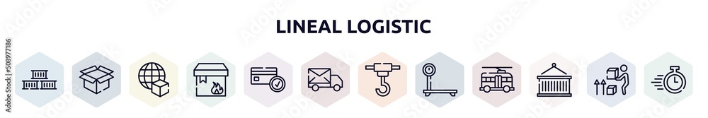lineal logistic outline icons set. thin line icons such as containers, open pack, worldwide delivery, flammable package, card check, mail send, container hanging, delivery scale, lift package,