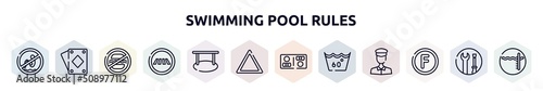 swimming pool rules outline icons set. thin line icons such as no bomb jump, diamond ace, food not allowed, road crossing, hanging, any bleach, restroom, 60 degree laundry, petroleum solvent