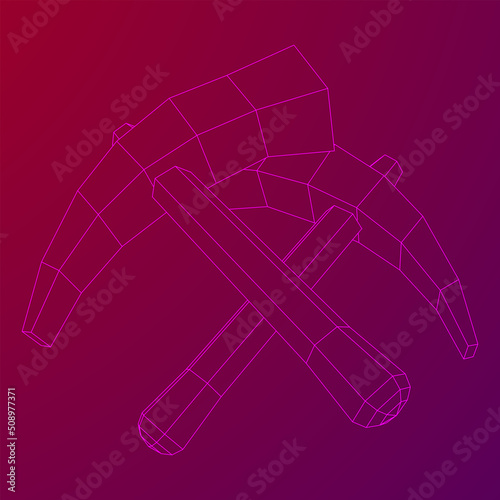 Pickaxe for extraction of precious stones or extracting minerals. Miners hand tool. Wireframe low poly mesh vector illustration