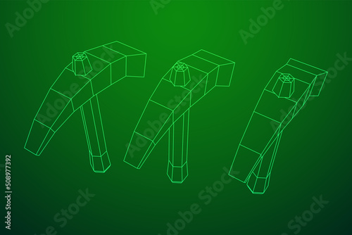 Pickaxe for extraction of precious stones or extracting minerals. Miners hand tool. Wireframe low poly mesh vector illustration
