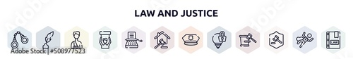 law and justice outline icons set. thin line icons such as criminal law, feather pen, accident and injuries, civil rights, stenographer, property and finance, police cap, intellectual property,
