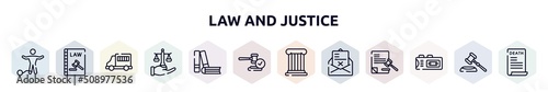 law and justice outline icons set. thin line icons such as guilty, constitutional law, prisoner transport vehicle, justice scales in hand, practise areas, veredict, roman law, crime letter, photo