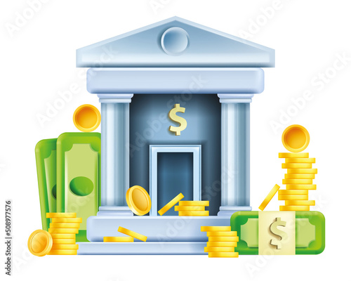3D bank building vector icon, golden coin stack, dollar bills, finance house facade, safe deposit concept. Money secure storage, financial architecture clipart business office. 3D bank illustration