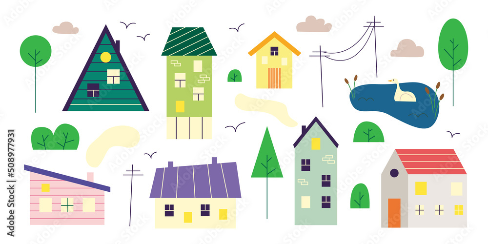 Set of small tiny houses, trees, clouds, bush and pond in Scandinavian style. Trendy urban and village homes with windows, roof tiles and chimneys with smoke.  Hand drawn flat illustration.