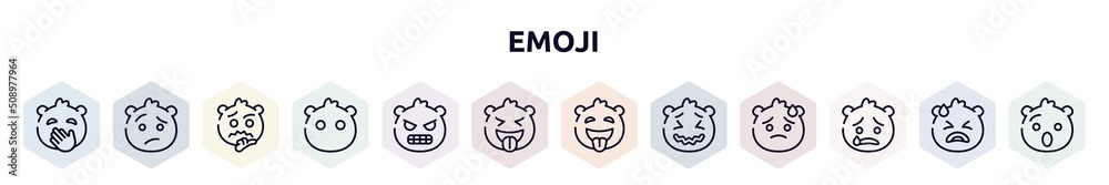 emoji outline icons set. thin line icons such as hand over mouth emoji, confused emoji, thinking without mouth, nervous tongue tongue out stress cry icon. emoji outline icons set. thin line icons such as hand over mouth emoji, confused emoji, thinking without mouth, nervous tongue tongue out stress cry icon.