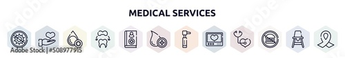 medical services outline icons set. thin line icons such as antibacterial, donator, platelet, dental crown, handbook, donor, otoscope, heart rate monitor, no junk food icon.