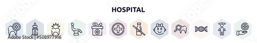 hospital outline icons set. thin line icons such as dental care, essential oils, toothache, dentist chair, medicine box, red cross, lactose intolerant, baby girl, genes icon.