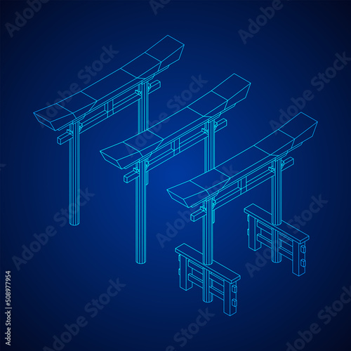 Torii sacred traditional gate. Symbol of Japan,shintoism religion. Japanese Tori arch ancient entrance. Wireframe low poly mesh vector illustration