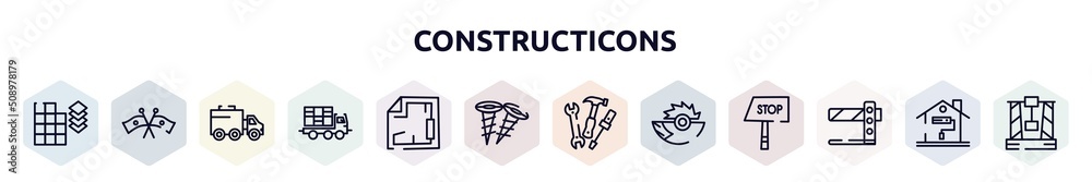 constructicons outline icons set. thin line icons such as tiles detail of construction, flags crossed, truck with freight, truck with load, blueprint hand drawn tool, two screws, three tools, saw