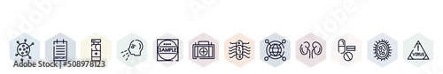 outline icons set. thin line icons such as flu, report, disinfect, sneezing, sample, medical, e coli, spreading, medicine icon.