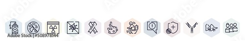 outline icons set. thin line icons such as hand sanitizer, antibacterial, hazmat, antiviral, aids, rash, diarrhea, atention, autoimmune disease icon.