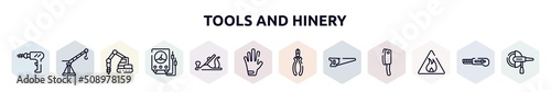 tools and hinery outline icons set. thin line icons such as perforator, davit, trucking, electric gauge, plane controls, left glove, nippers, metal saw, inflamable icon.