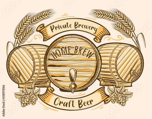 Home brew craft beer brewery - barrels of beer monochrome decorative emblem