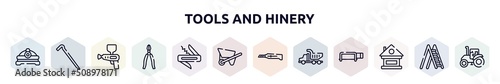 tools and hinery outline icons set. thin line icons such as torch helmet, crowbar, spray gun, big pliers, jackknife, wheelbarrow full, stationery knife, tipper truck, lodge icon.