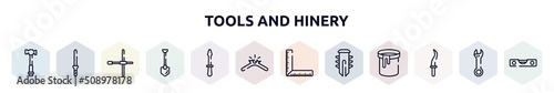 tools and hinery outline icons set. thin line icons such as hammer facinf left, knife file, wheelbrace, long shovel, screwdriver pointing up, broken cable, corner ruler, dyupel, kirpan icon. photo