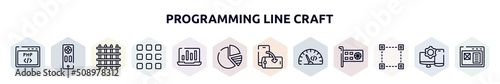 programming line craft outline icons set. thin line icons such as php code, remote, big grid, nine squares, stats on a screen, pie charts, rotate screen, code rate, selection square icon.